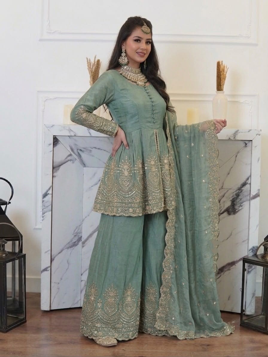 Green Fendy Silk Real Mirror Embroidery Sequence Work Salwar Set